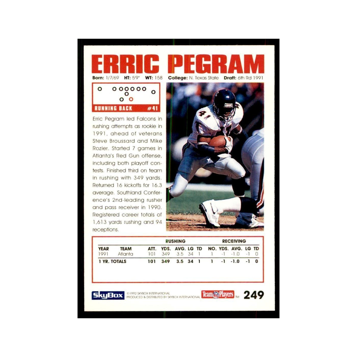 1992 SkyBox Erric Pegram Football Cards #249