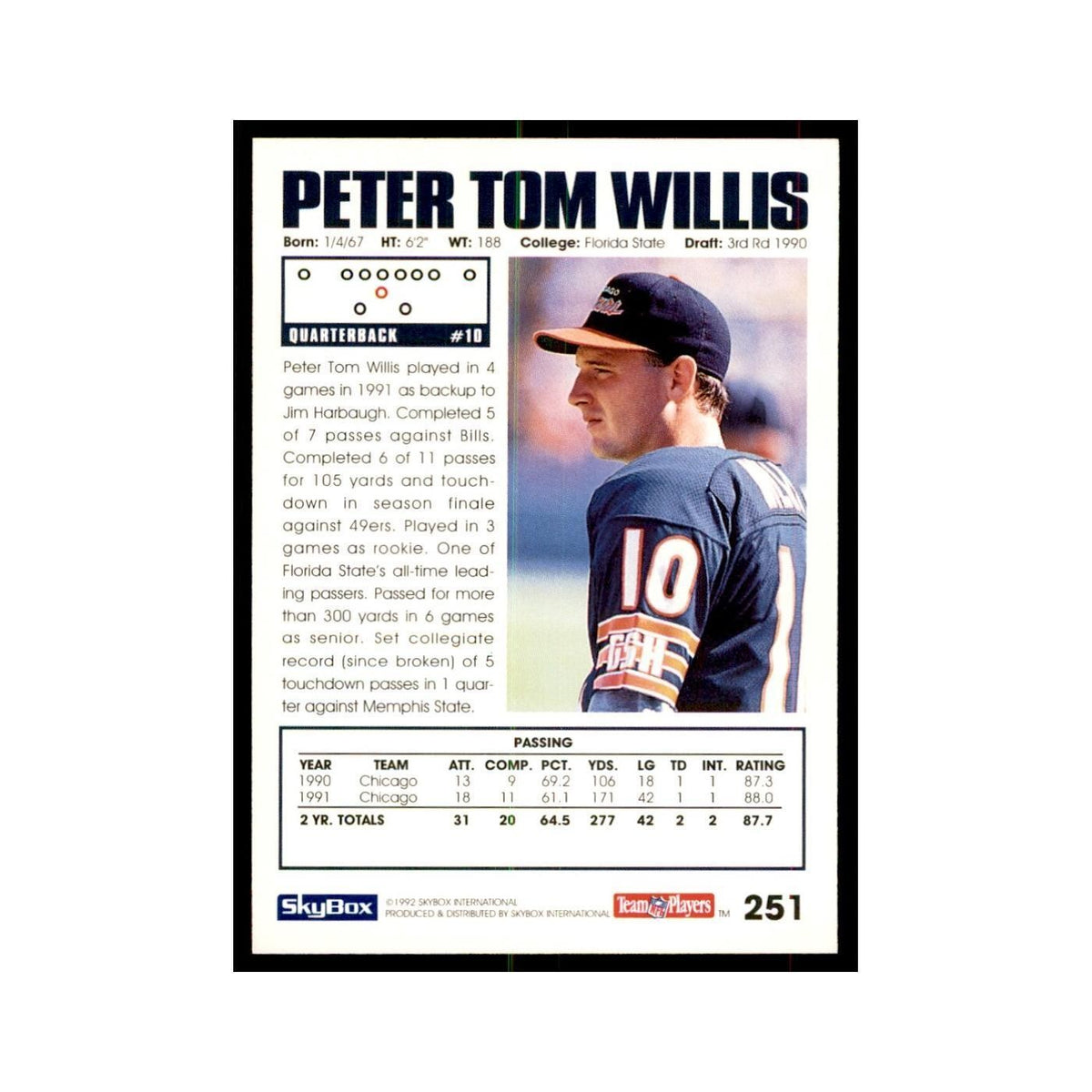 1992 SkyBox Peter Tom Willis Football Cards #251