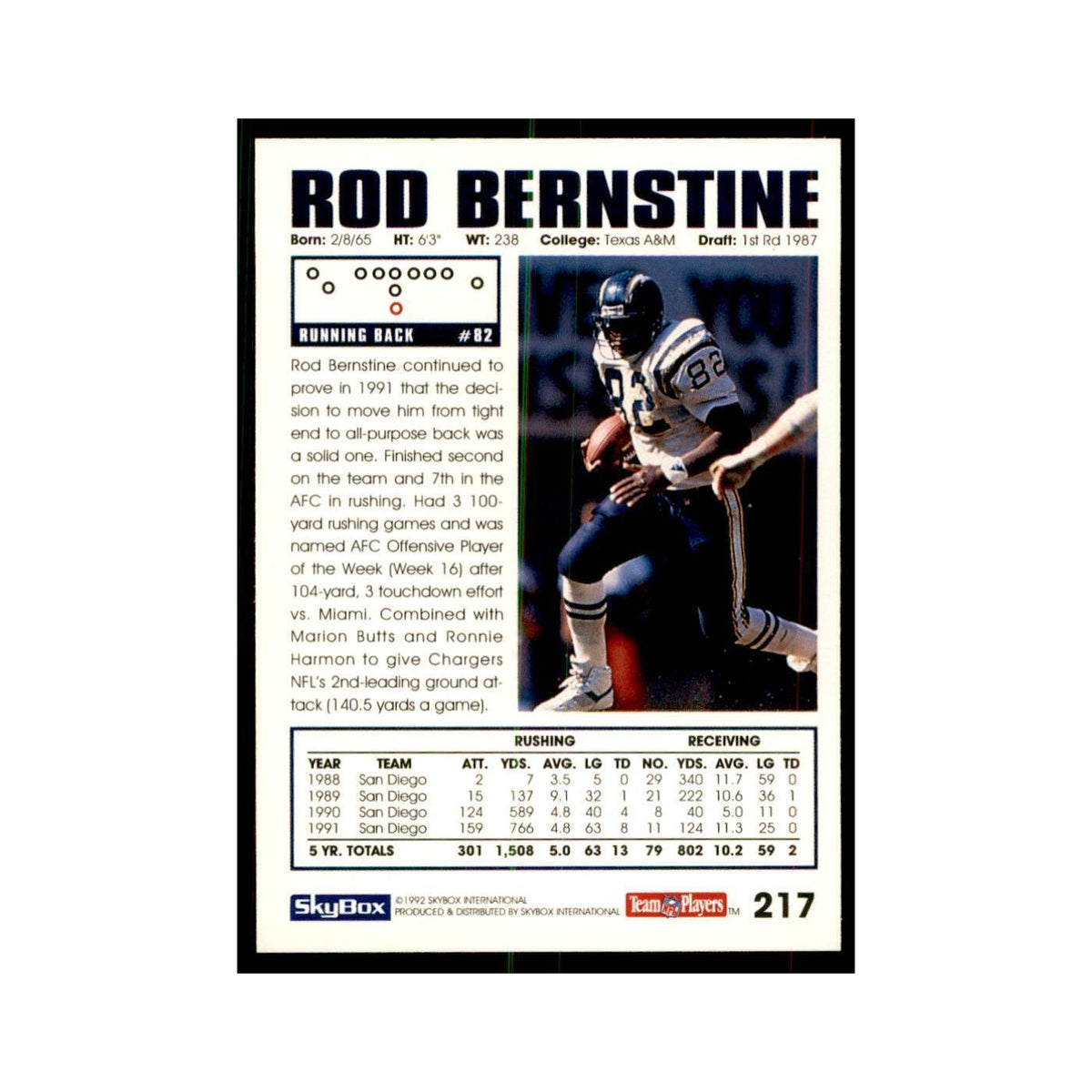 1992 SkyBox Rod Bernstine Football Cards #217