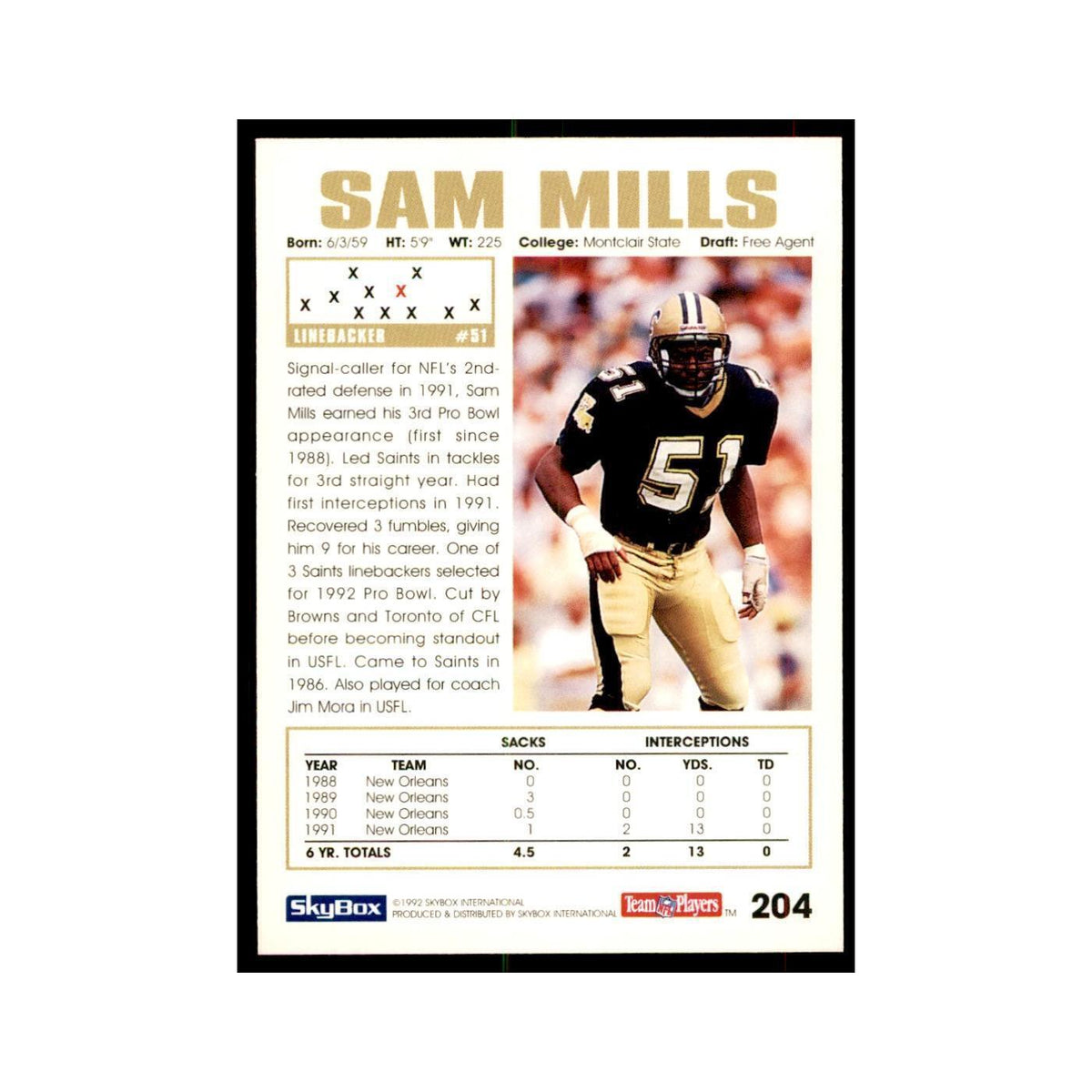 1992 SkyBox Sam Mills Football Cards #204