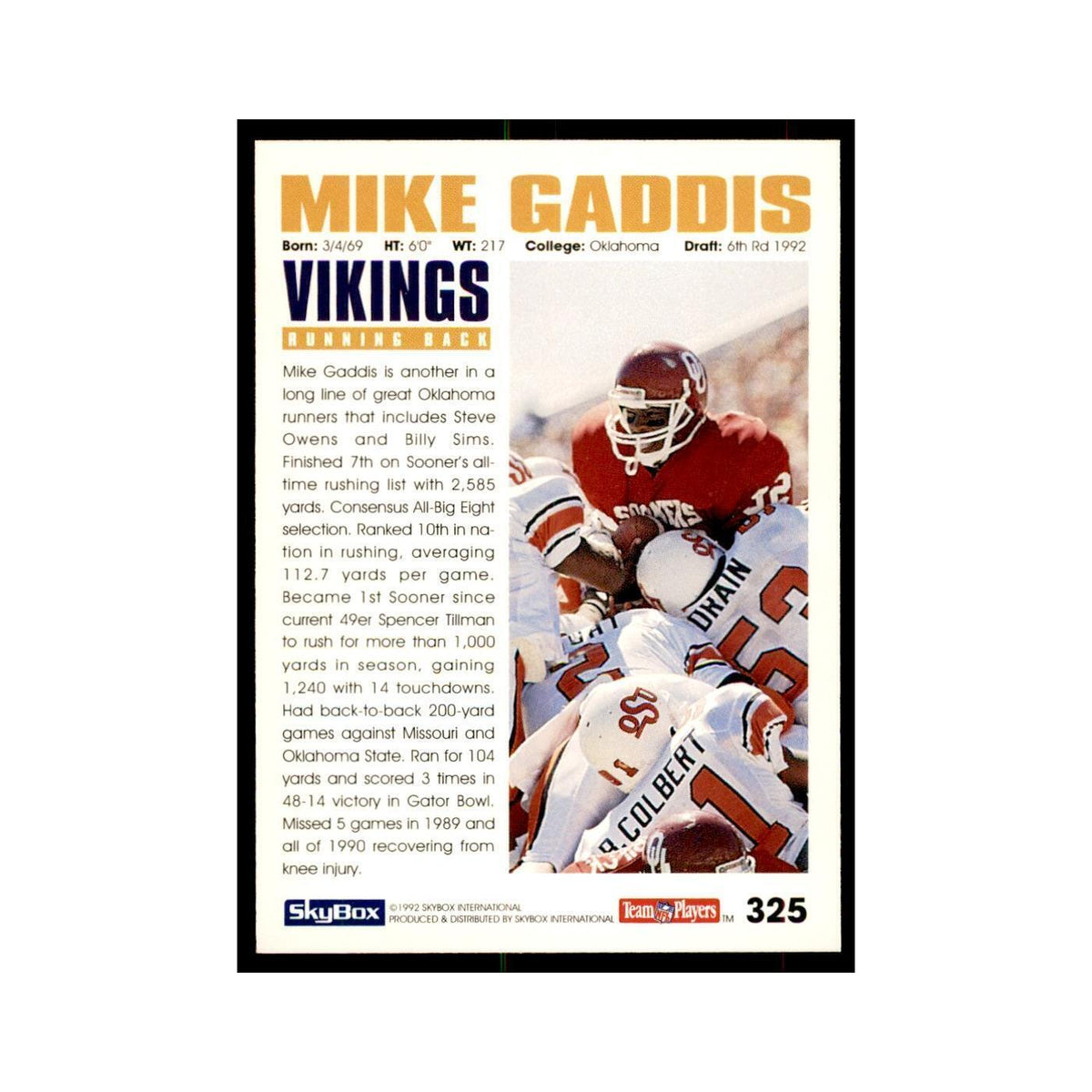 1992 SkyBox Mike Gaddis RC Football Cards #325