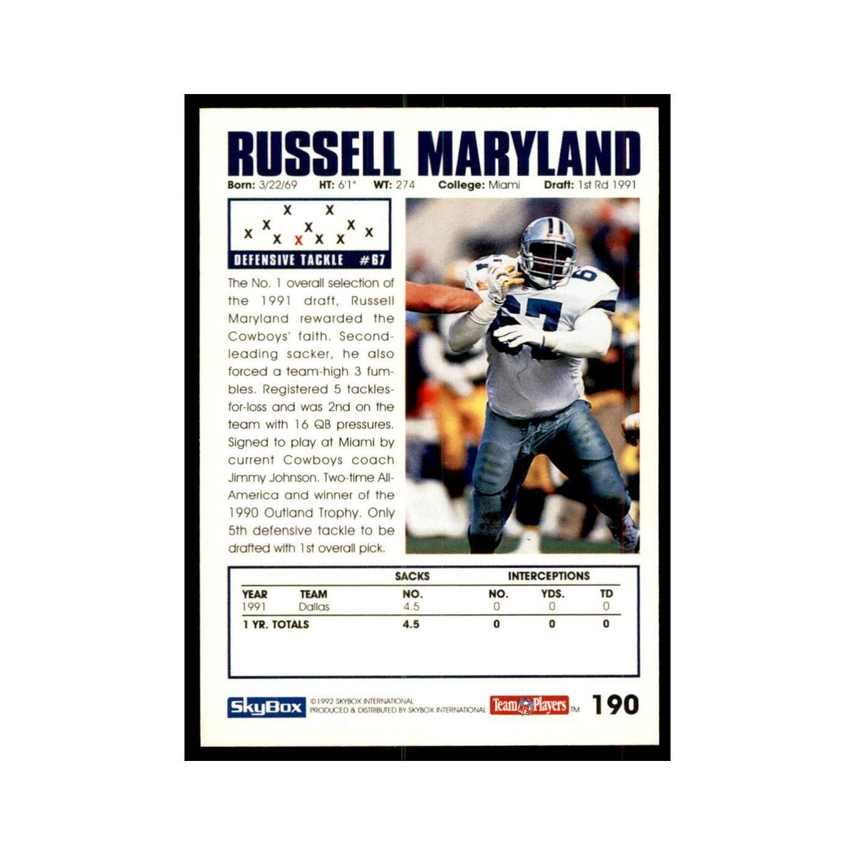 1992 SkyBox Russell Maryland Football Cards #190