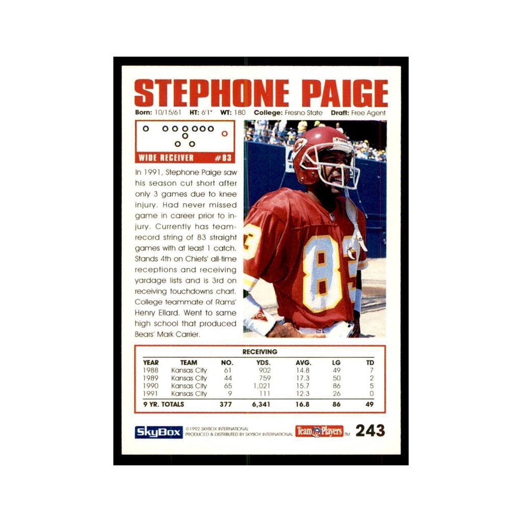 1992 SkyBox Stephone Paige Football Cards #243