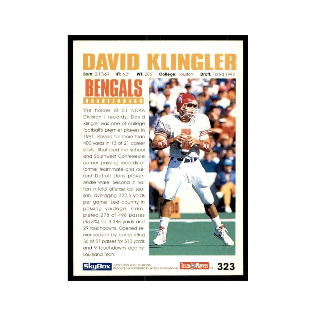 1992 SkyBox David Klingler RC Football Cards #323