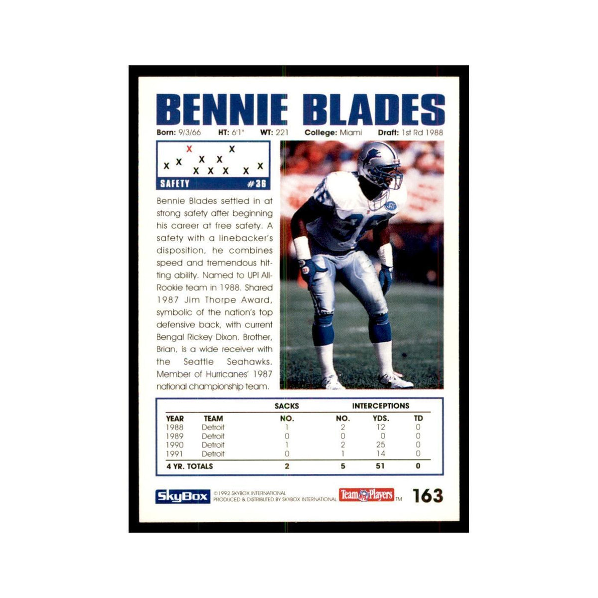 1992 SkyBox Bennie Blades Football Cards #163
