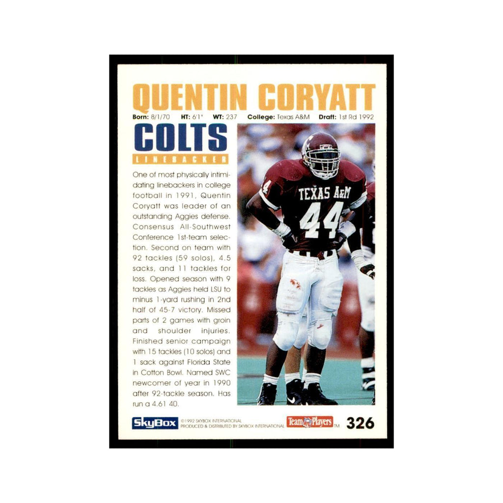 1992 SkyBox Quentin Coryatt RC Football Cards #326