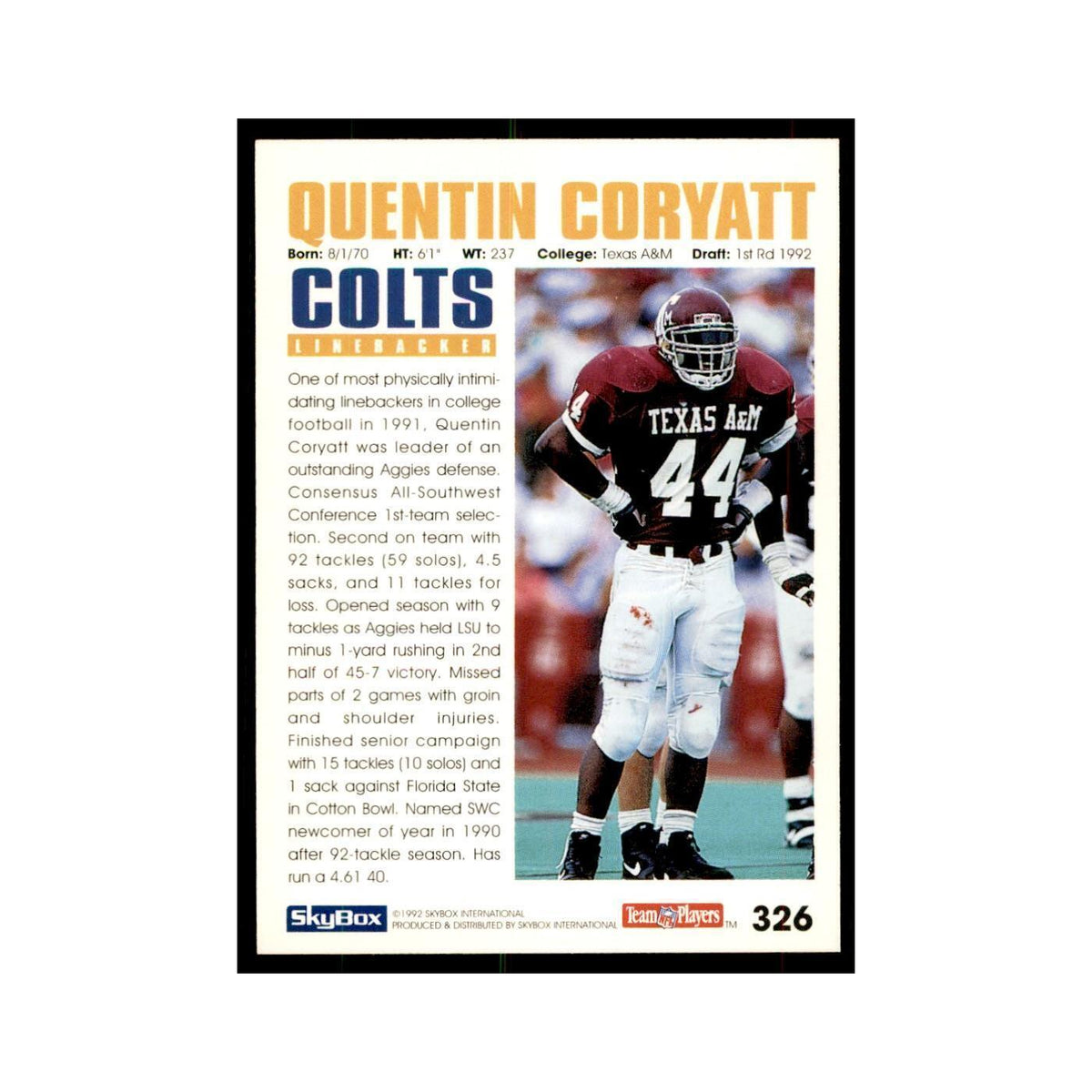 1992 SkyBox Quentin Coryatt RC Football Cards #326