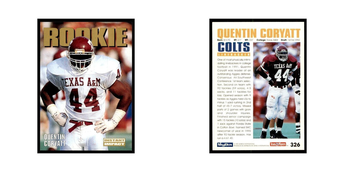1992 SkyBox Quentin Coryatt RC Football Cards #326