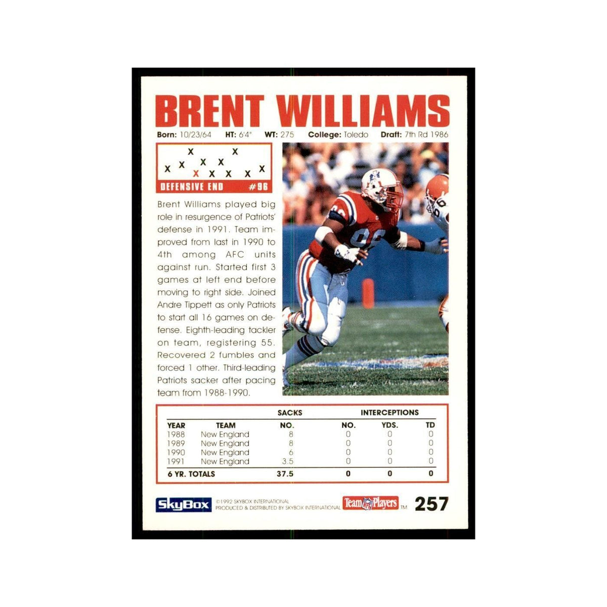 1992 SkyBox Brent Williams Football Cards #257