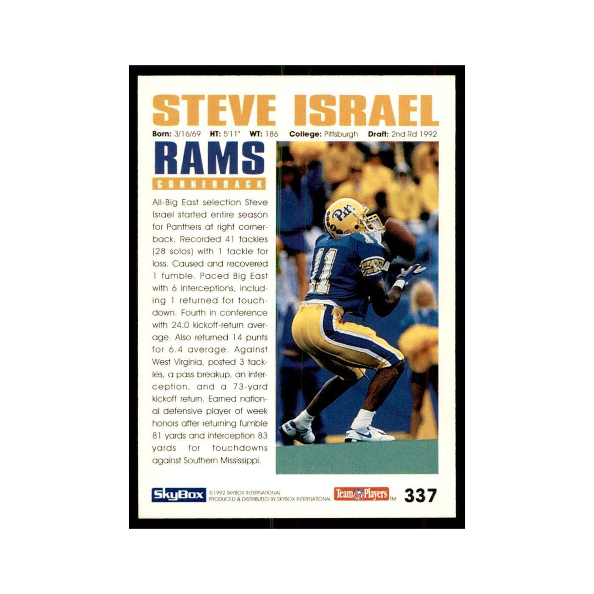 1992 SkyBox Steve Israel RC Football Cards #337