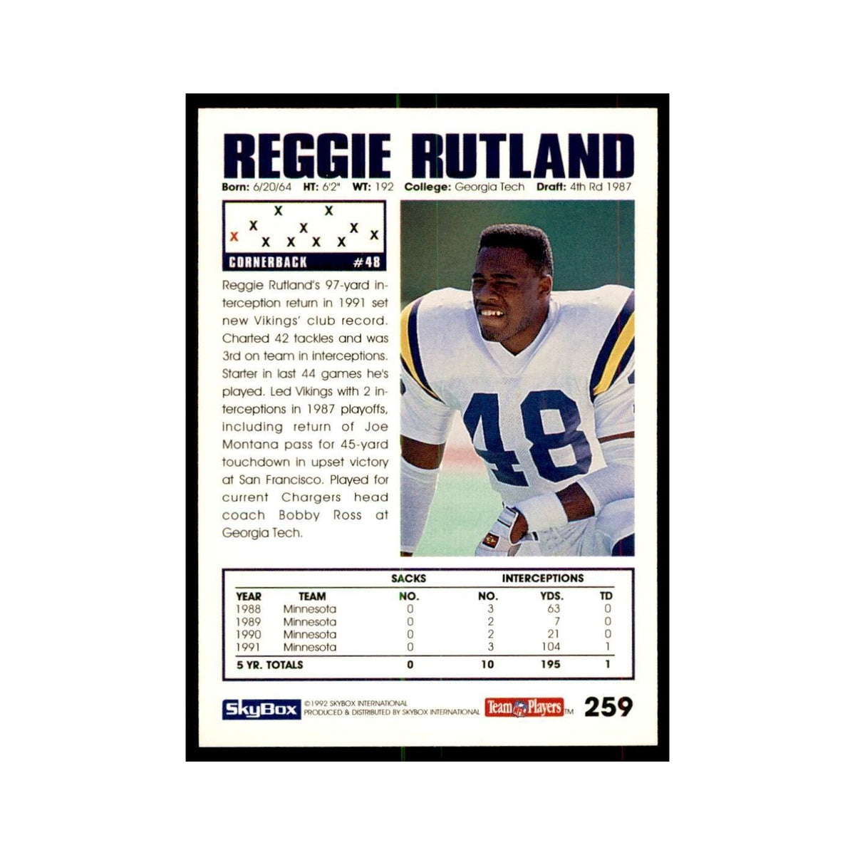 1992 SkyBox Reggie Rutland Football Cards #259