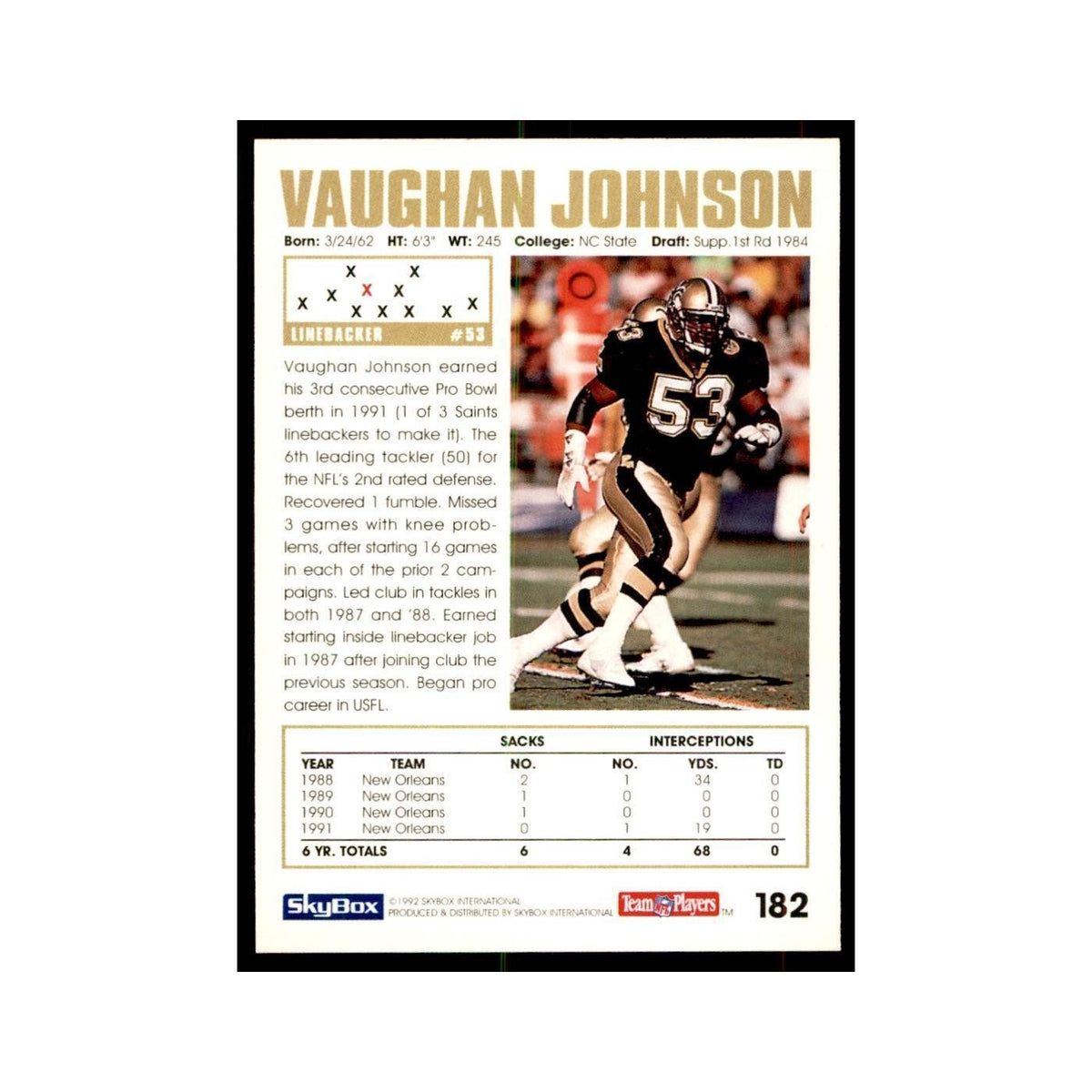 1992 SkyBox Vaughan Johnson Football Cards #182