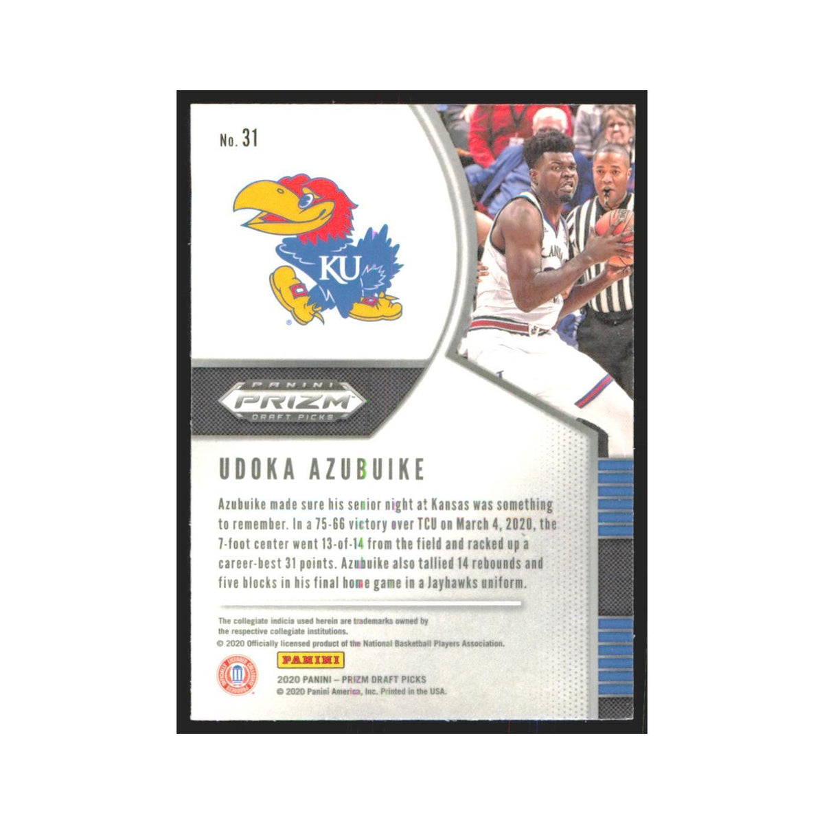 2020 Panini Prizm Draft Udoka Azubuike RC Kansas Jayhawks #31