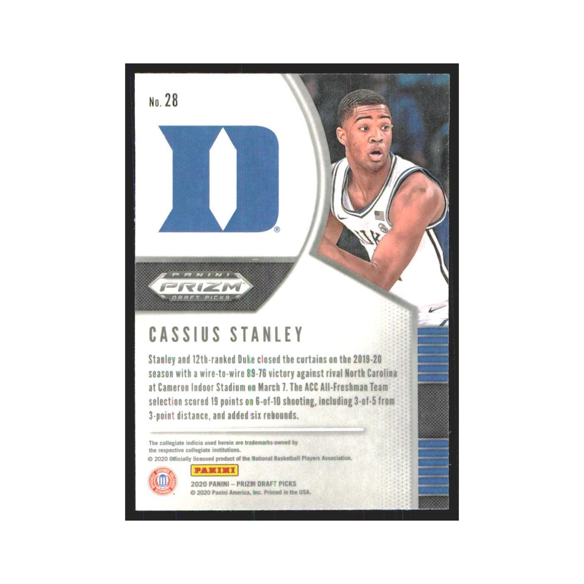 2020 Panini Prizm Draft Cassius Stanley RC Duke Blue Devils #28