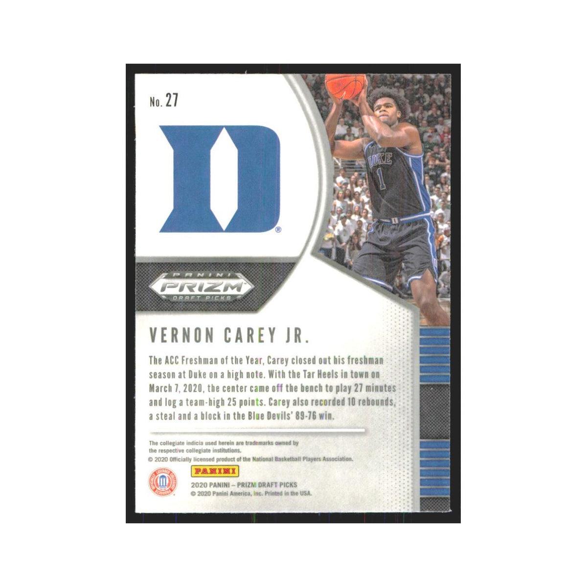 2020 Panini Prizm Draft Vernon Carey Jr. RC Duke Blue Devils #27