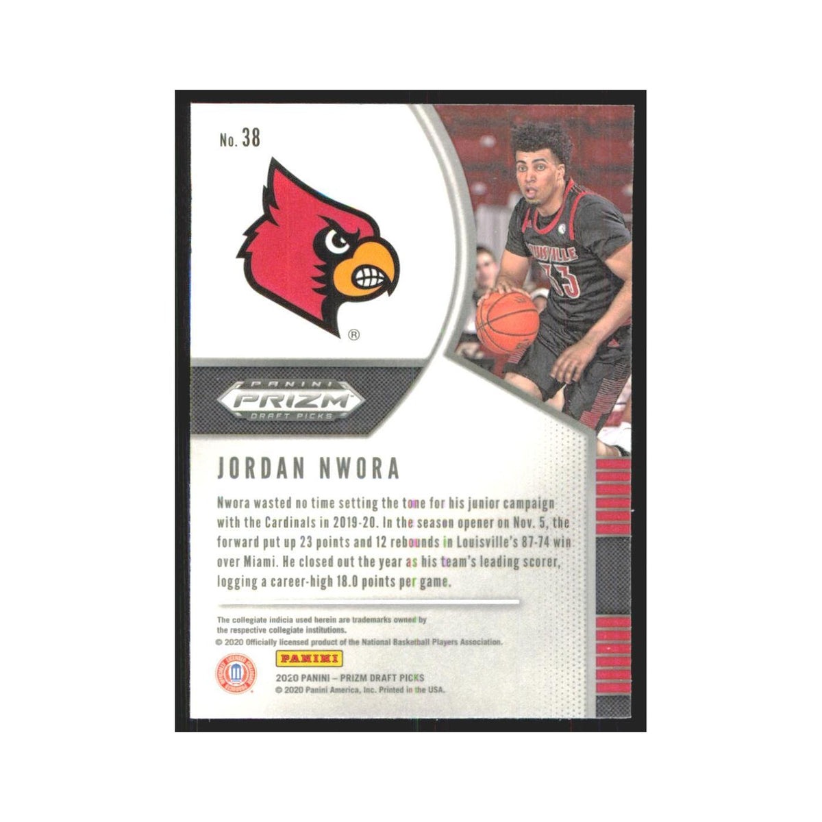 2020 Panini Prizm Draft Jordan Nwora RC Louisville Cardinals #38