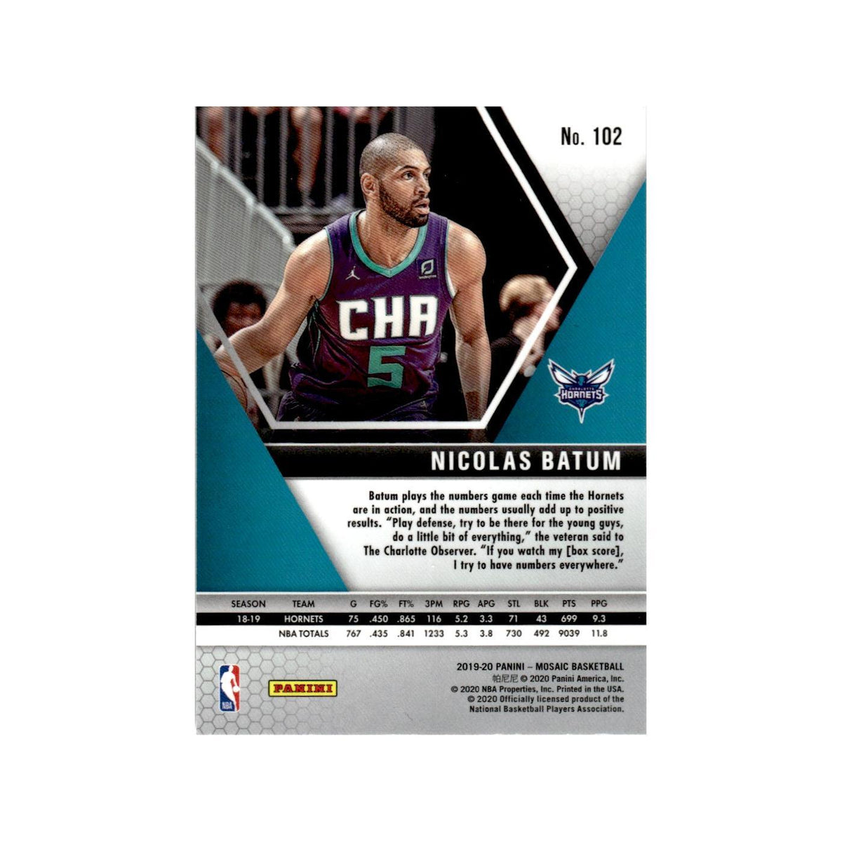 Nicolas Batum 2019 Panini Mosaic #102 Charlotte Hornets Basketball Card NM