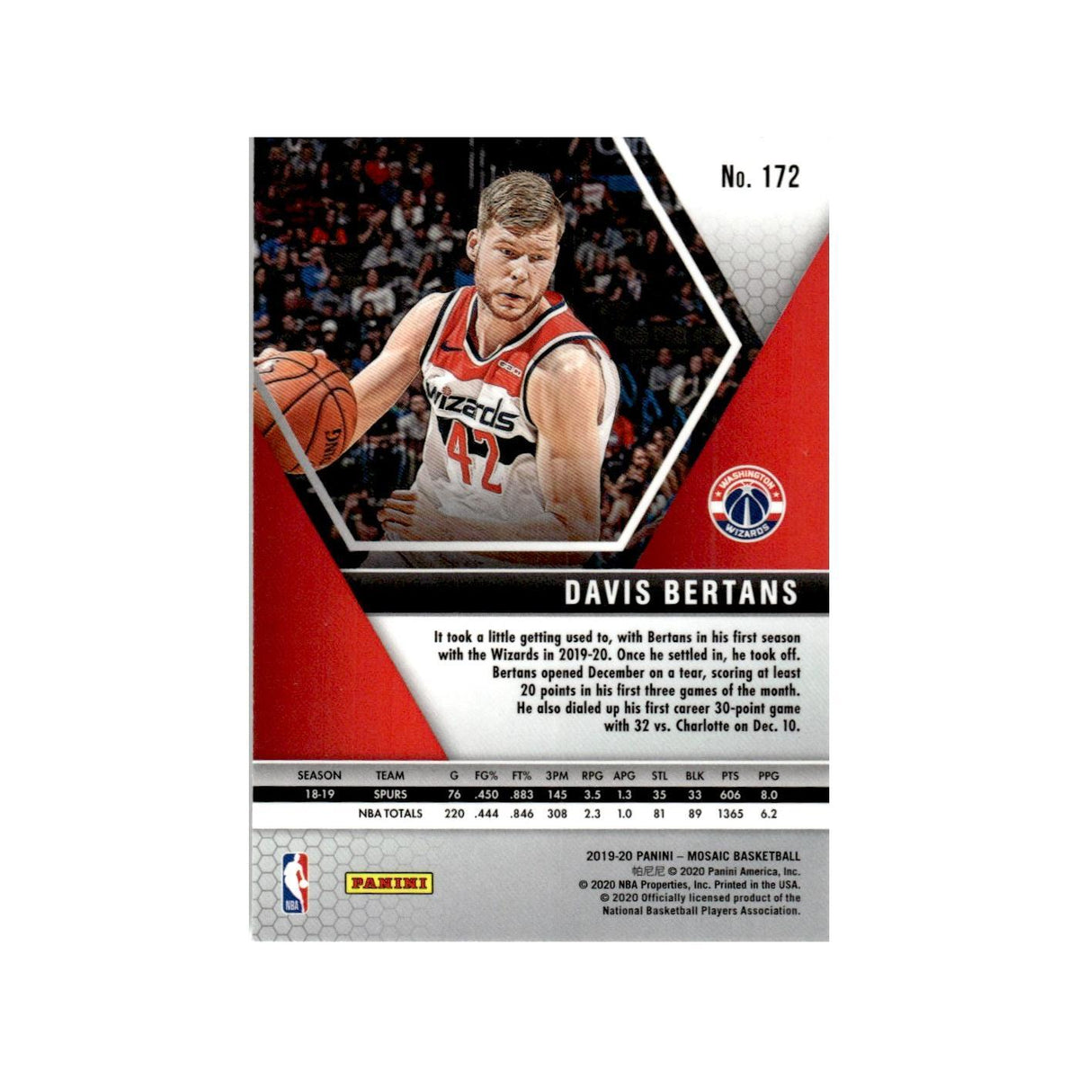 Davis Bertans 2019 Panini Mosaic #172 Washington Wizards Basketball Card NM