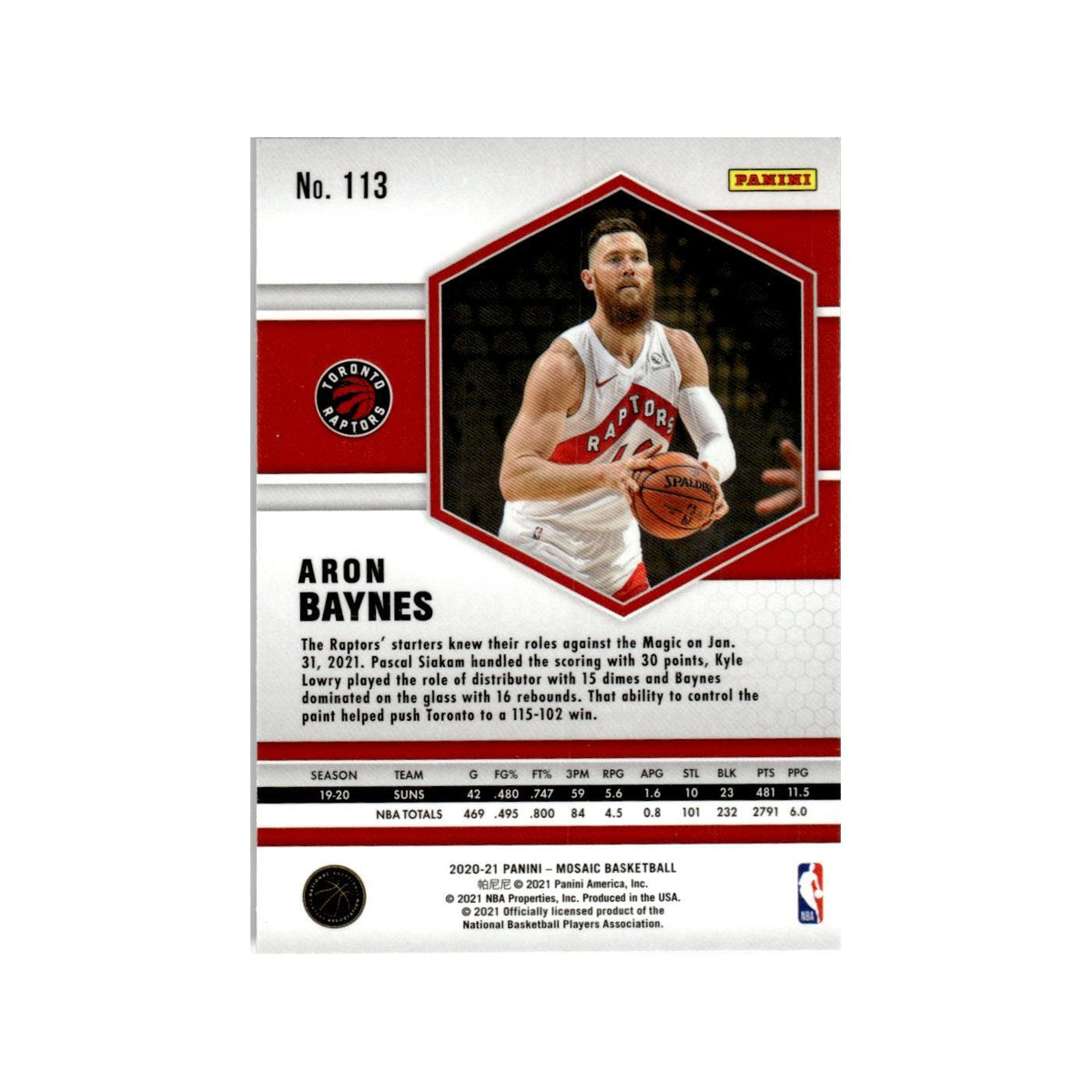 Aron Baynes 2020 Panini Mosaic #113 Toronto Raptors Basketball Card NM