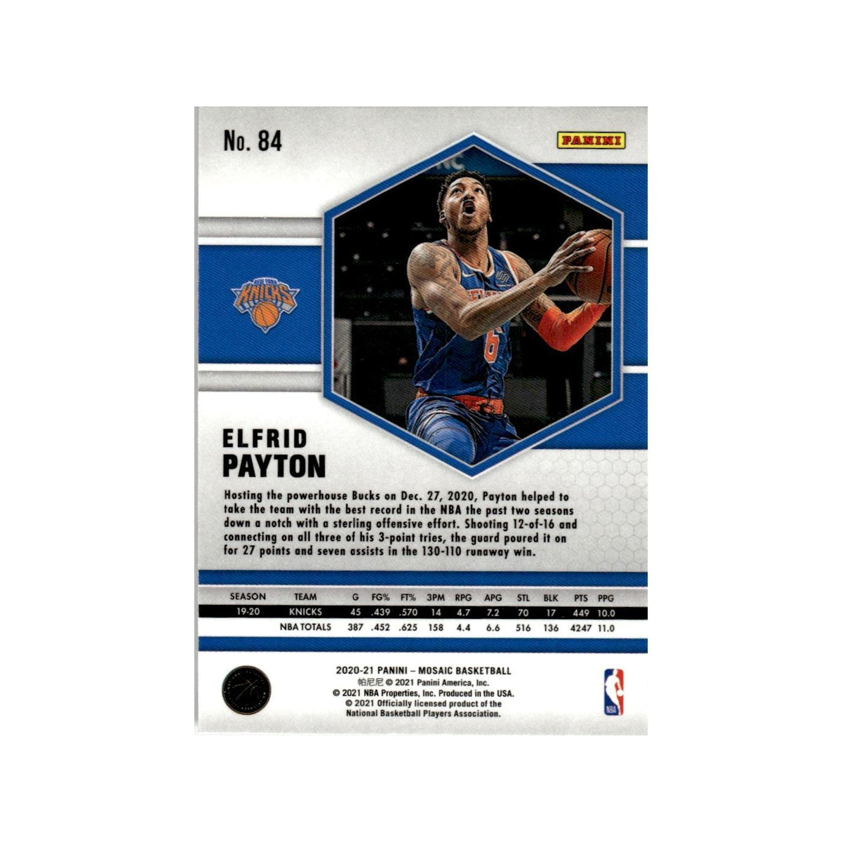 Elfrid Payton 2020 Panini Mosaic #84 New York Knicks Basketball Card NM