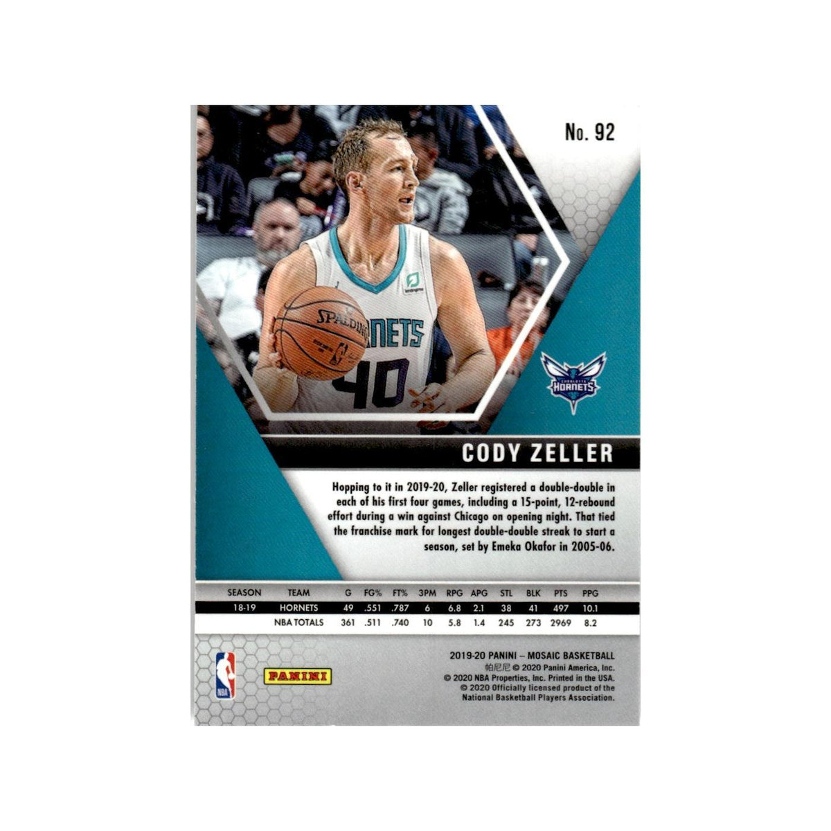 Cody Zeller 2019 Panini Mosaic #92 Charlotte Hornets Basketball Card NM