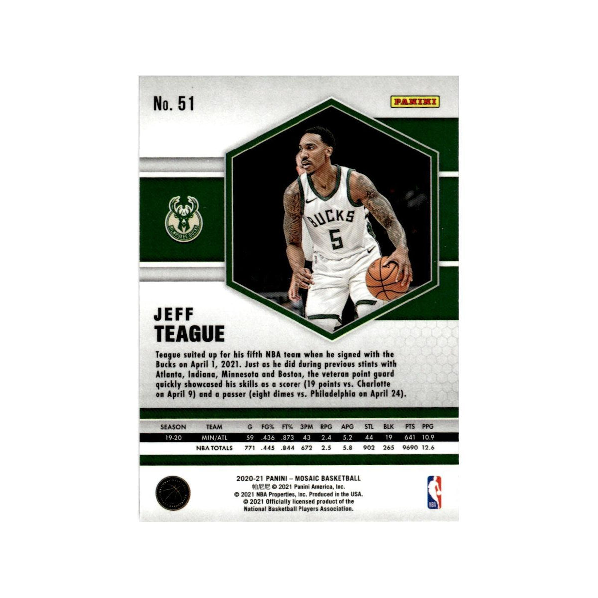 Jeff Teague 2020 Panini Mosaic #51 Milwaukee Bucks Basketball Card NM