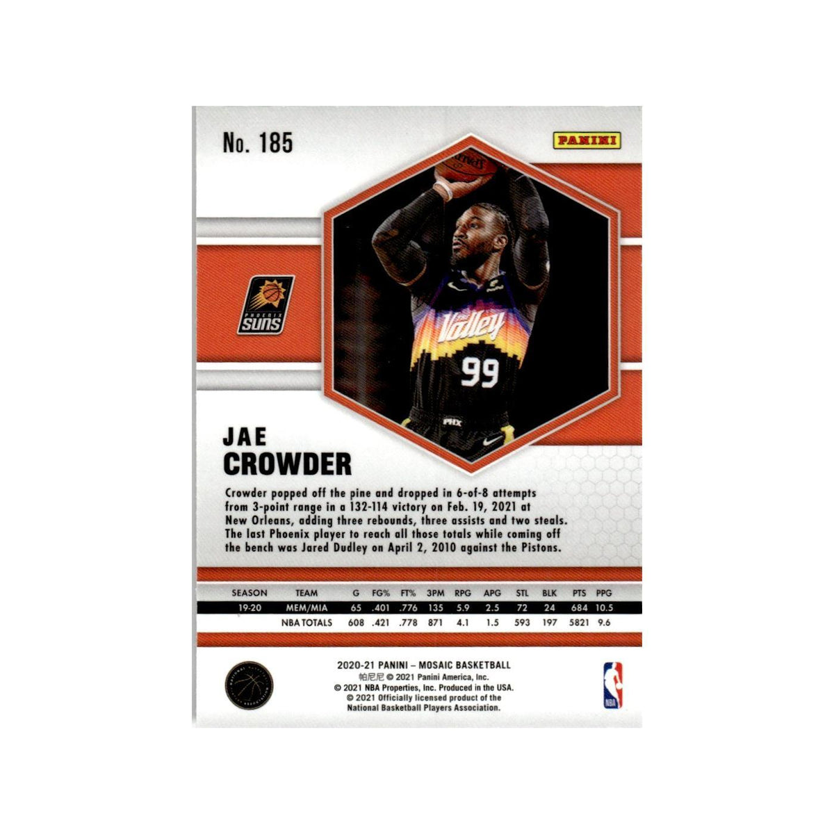 Jae Crowder 2020 Panini Mosaic #185 Phoenix Suns Basketball Card NM