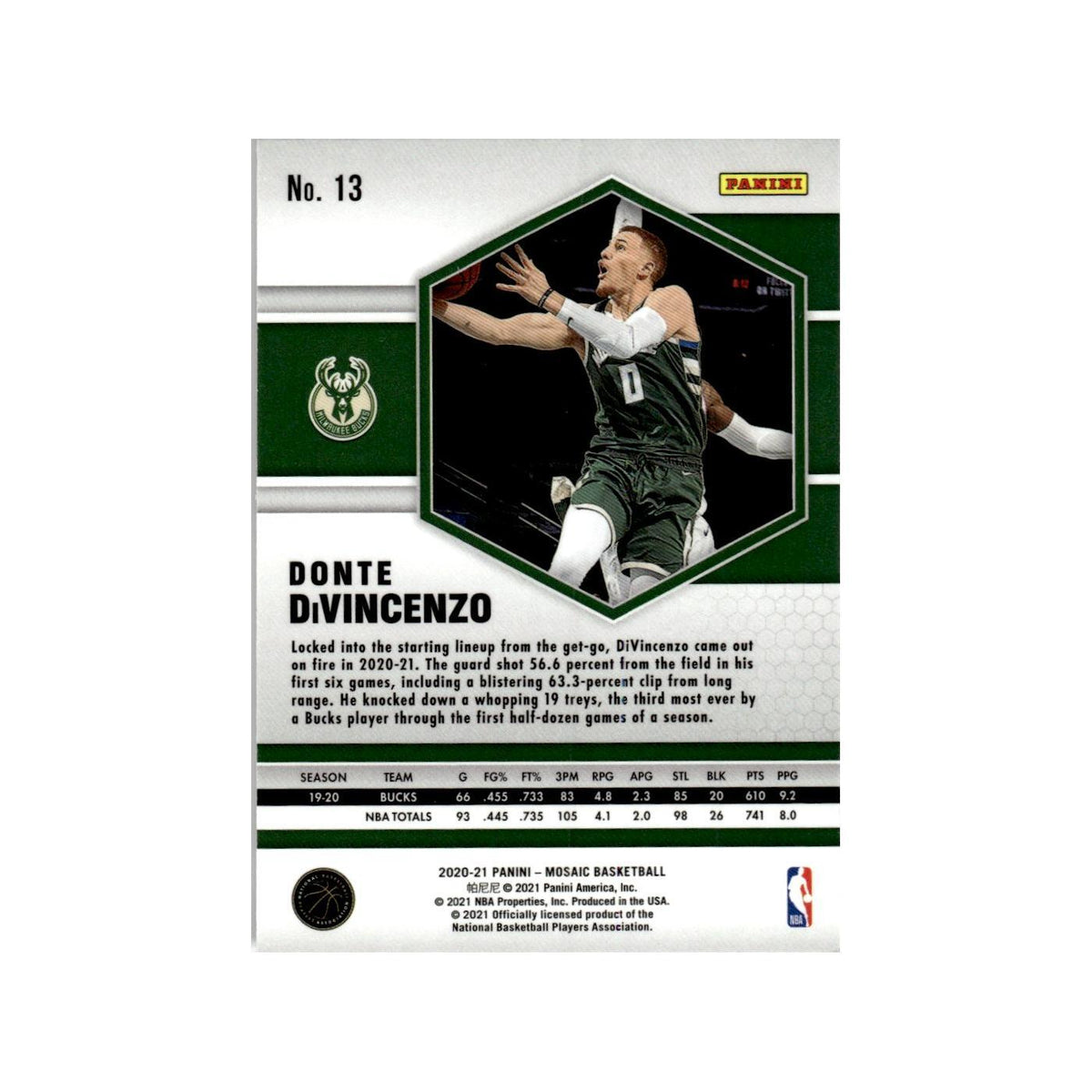 Donte DiVincenzo 2020 Panini Mosaic #13 Milwaukee Bucks Basketball Card NM