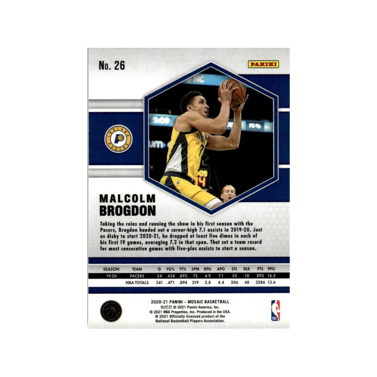 Malcolm Brogdon 2020 Panini Mosaic #26 Indiana Pacers Basketball Card NM