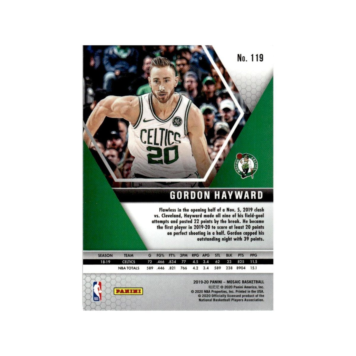 Gordon Hayward 2019 Panini Mosaic #119 Boston Celtics Basketball Card NM