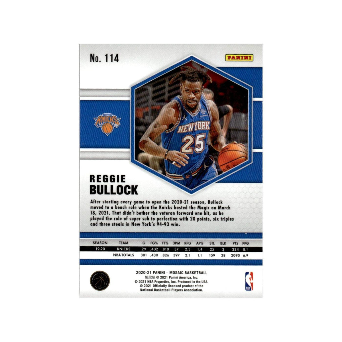 Reggie Bullock 2020 Panini Mosaic #114 New York Knicks Basketball Card NM