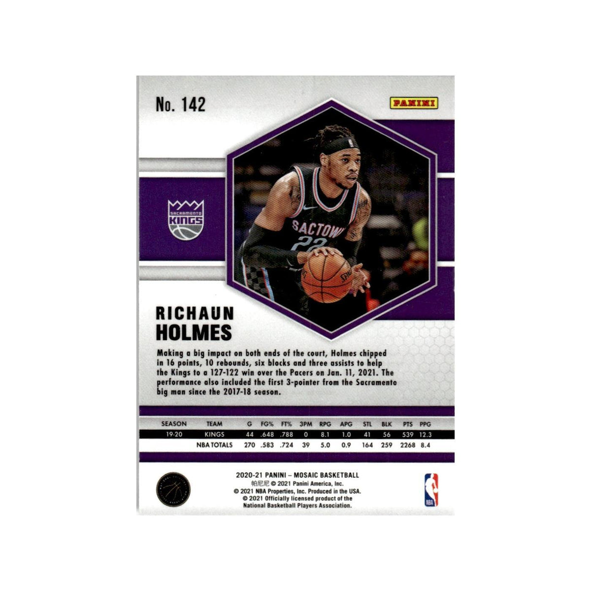 Richaun Holmes 2020 Panini Mosaic #142 Sacramento Kings Basketball Card NM