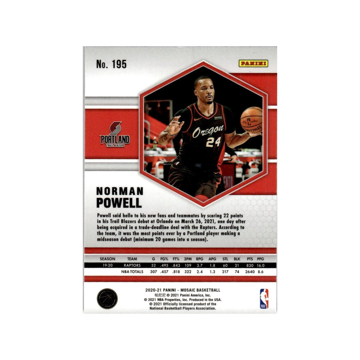 Norman Powell 2020 Panini Mosaic #195 Portland Trail Blazers Basketball Card NM