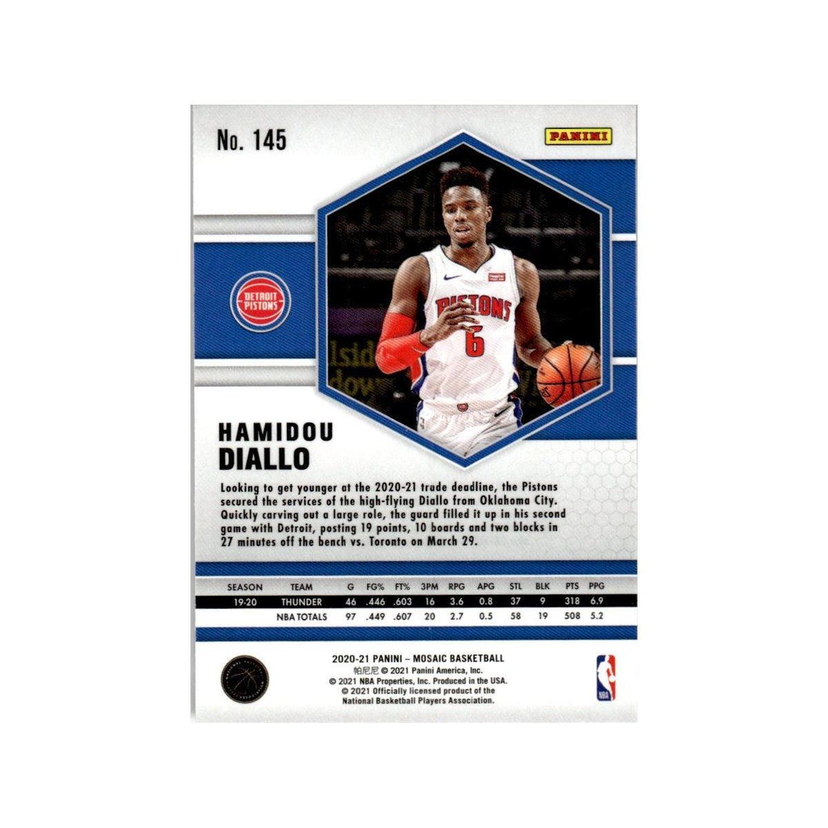 Hamidou Diallo 2020 Panini Mosaic #145 Detroit Pistons Basketball Card NM