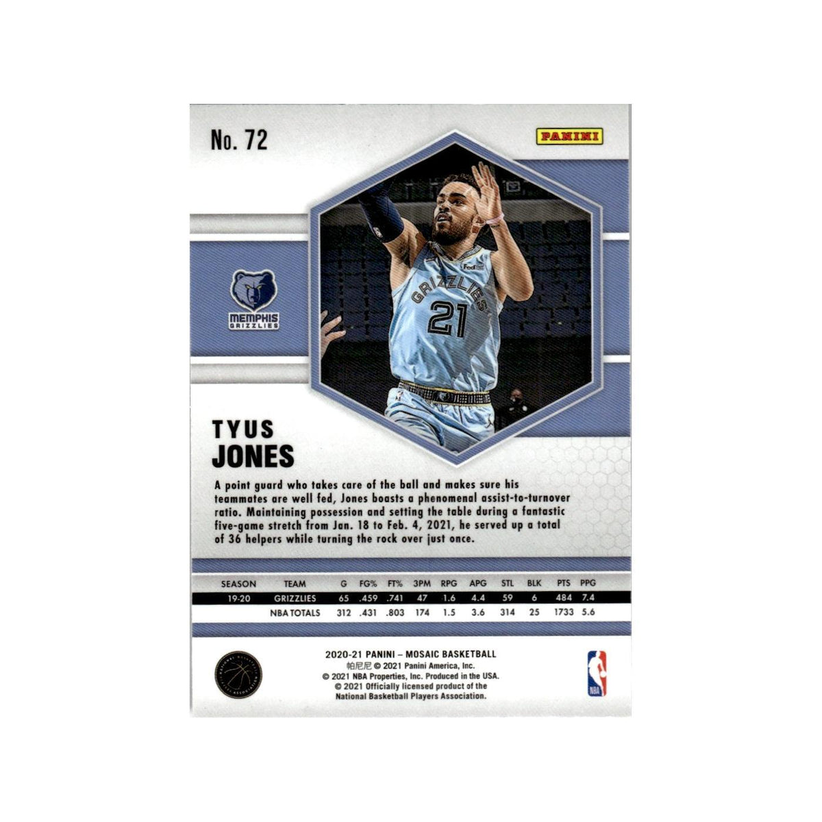 Tyus Jones 2020 Panini Mosaic #72 Memphis Grizzlies Basketball Card NM