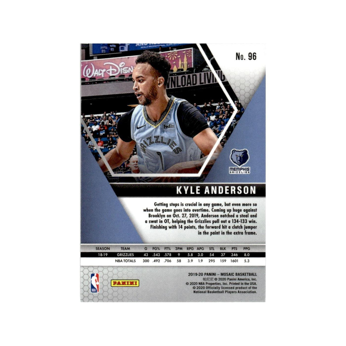 Kyle Anderson 2019 Panini Mosaic #96 Memphis Grizzlies Basketball Card NM