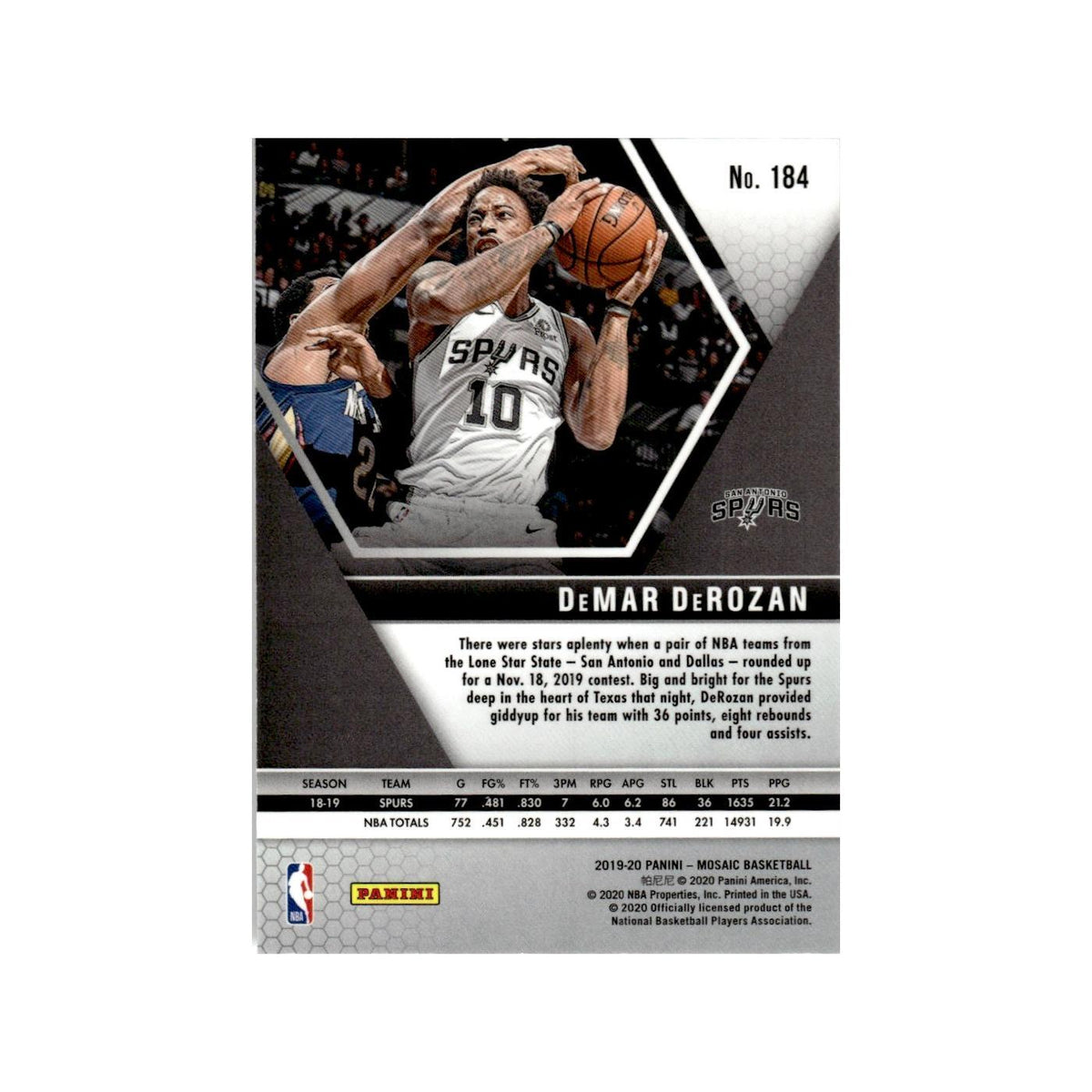 DeMar DeRozan 2019 Panini Mosaic #184 San Antonio Spurs Basketball Card NM