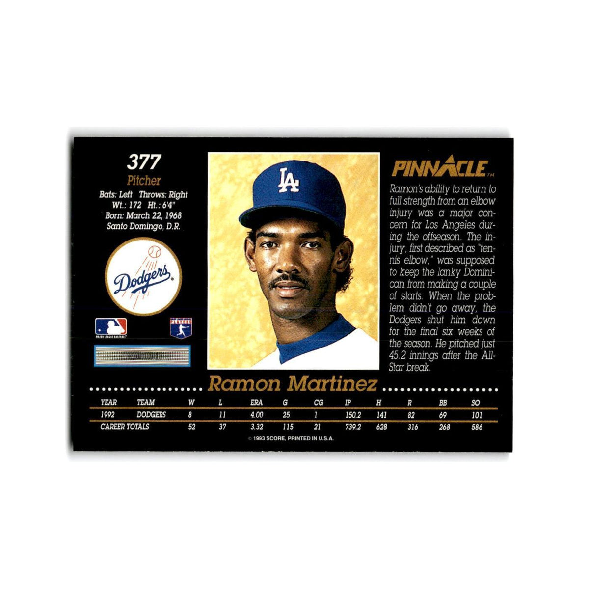 Ramon Martinez 1993 Pinnacle #377 Los Angeles Dodgers Baseball Card NM