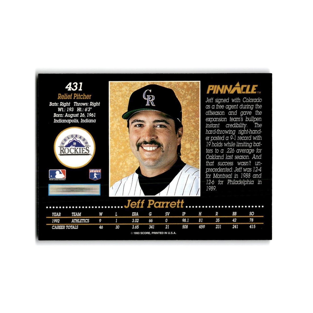 Jeff Parrett 1993 Pinnacle #431 Colorado Rockies Baseball Card NM