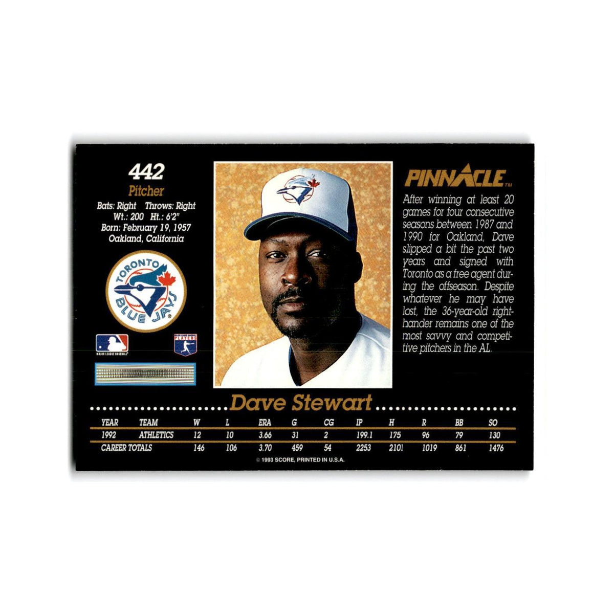 Dave Stewart 1993 Pinnacle #442 Toronto Blue Jays Baseball Card NM
