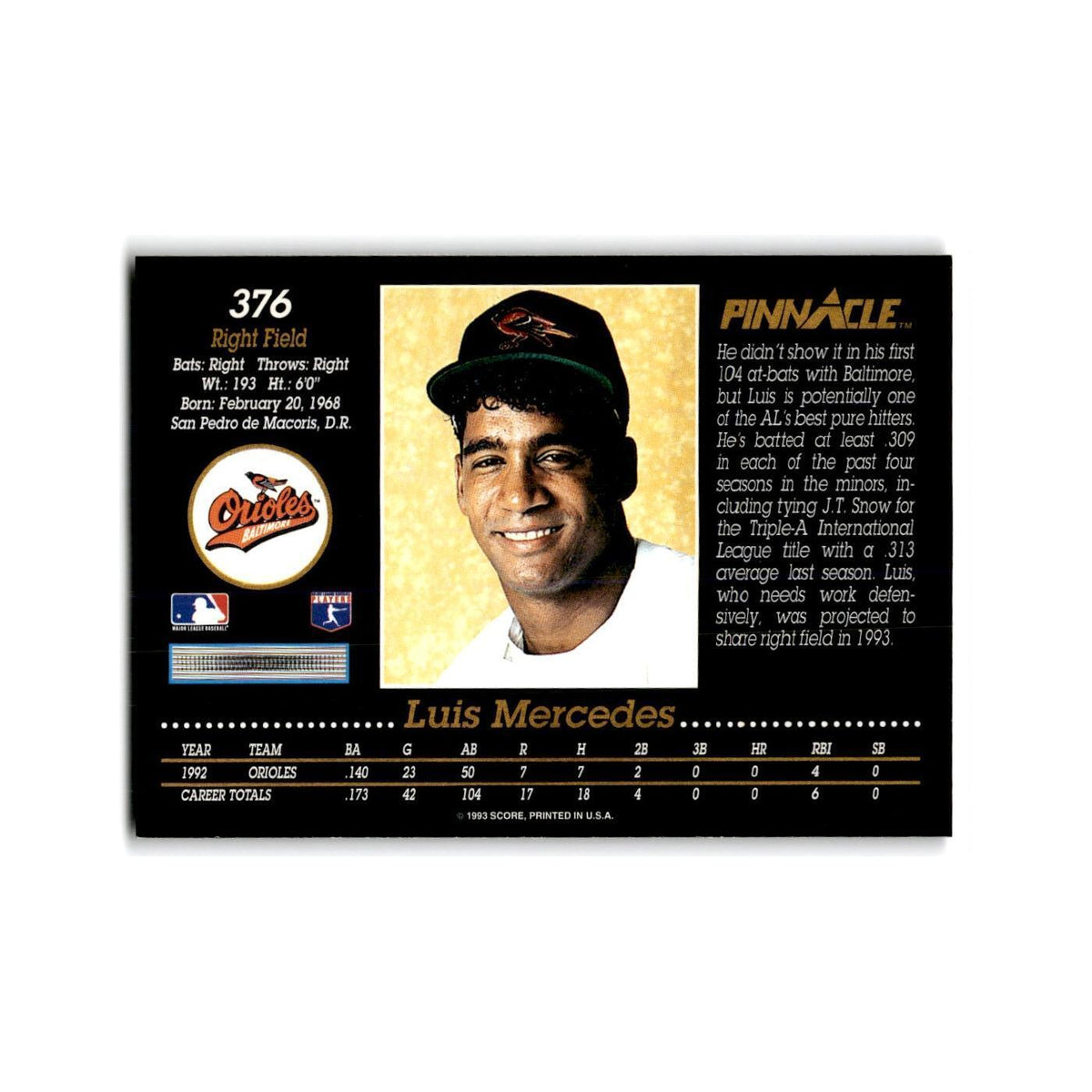 Luis Mercedes 1993 Pinnacle #376 Baltimore Orioles Baseball Card NM