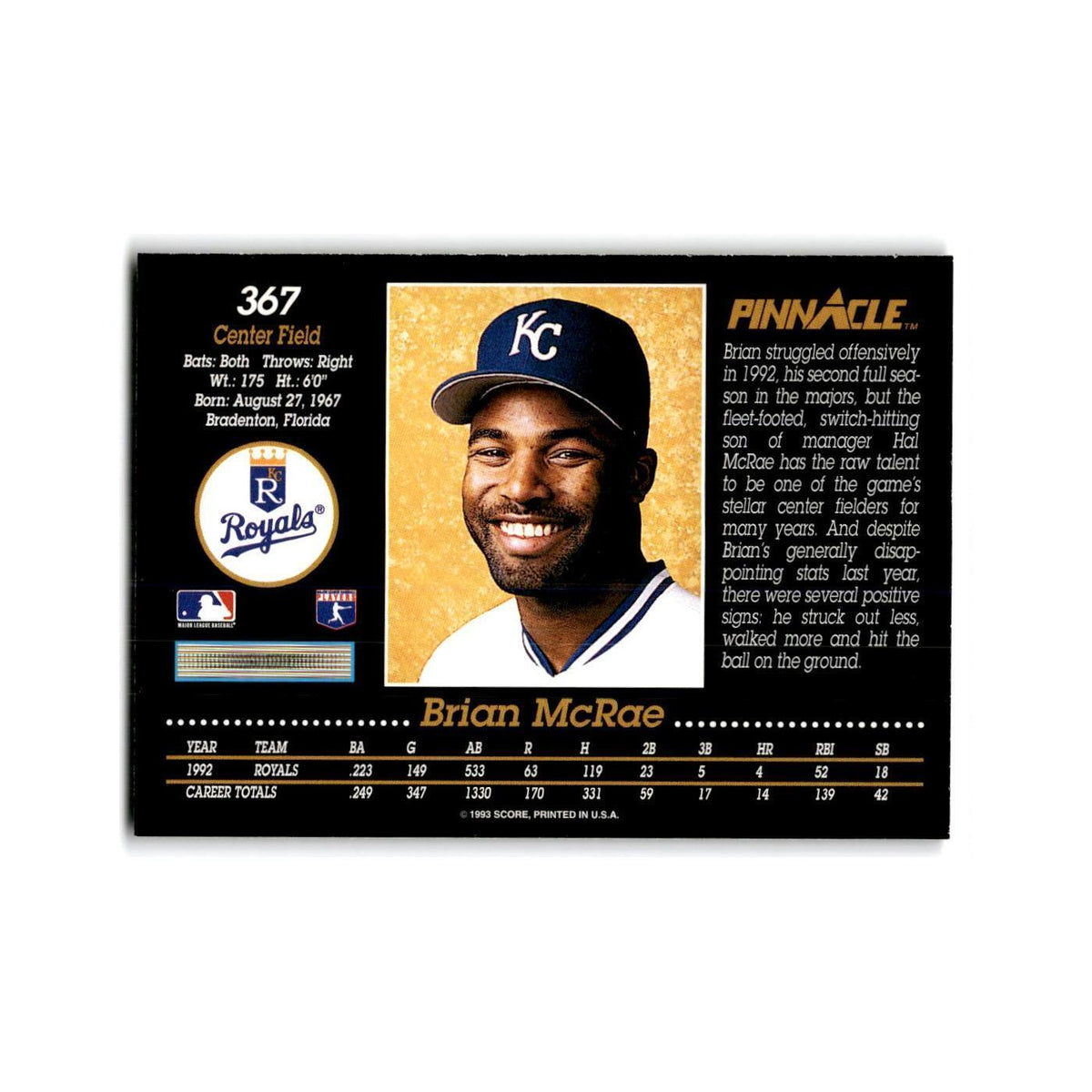 Brian McRae 1993 Pinnacle #367 Kansas City Royals Baseball Card NM