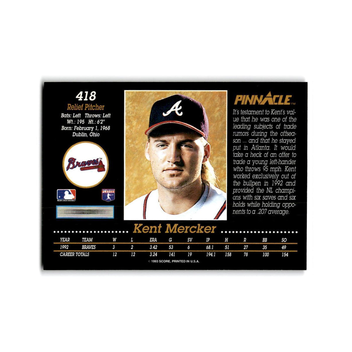 Kent Mercker 1993 Pinnacle #418 Atlanta Braves Baseball Card NM