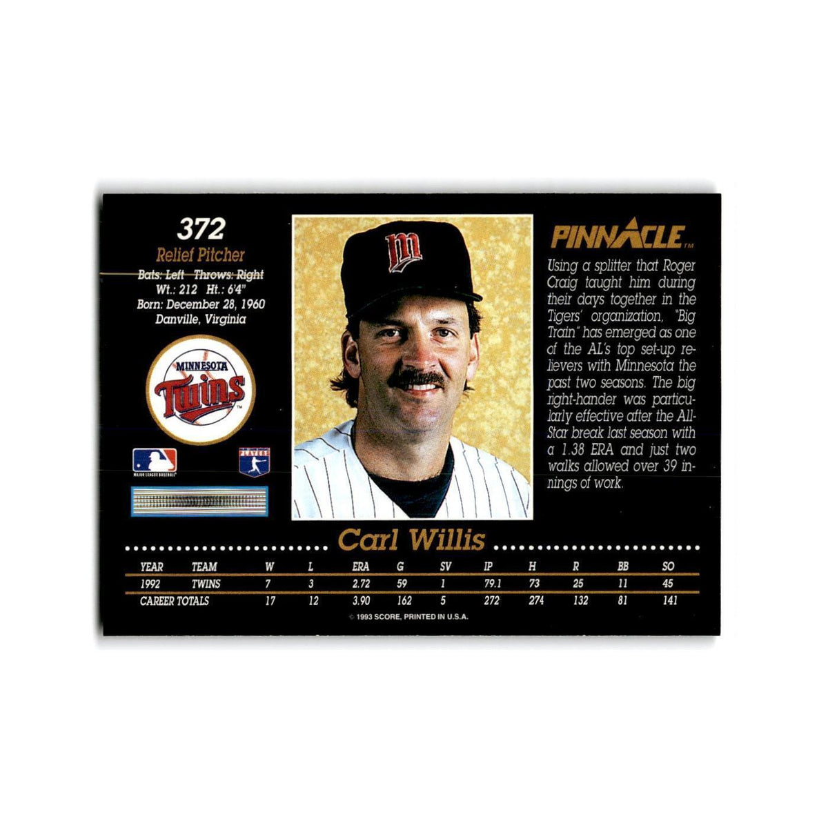 Carl Willis 1993 Pinnacle #372 Minnesota Twins Baseball Card NM