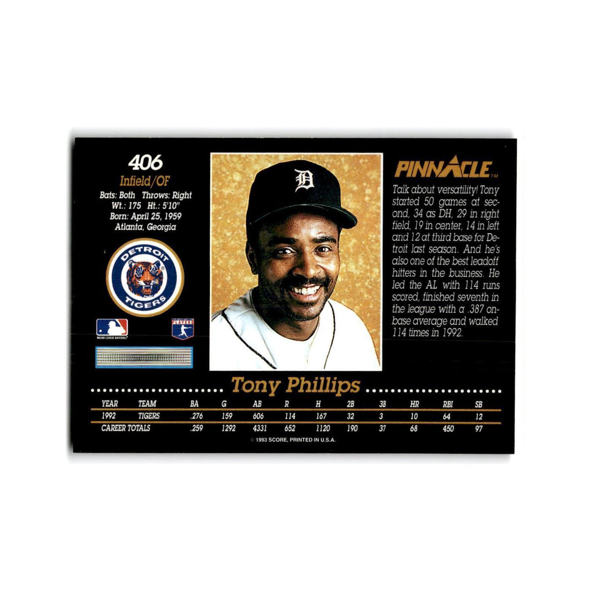 Tony Phillips 1993 Pinnacle #406 Detroit Tigers Baseball Card NM