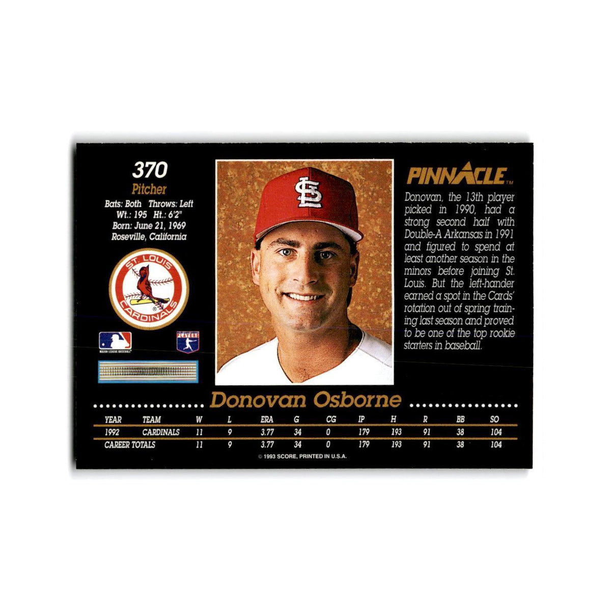 Donovan Osborne 1993 Pinnacle #370 St. Louis Cardinals Baseball Card NM