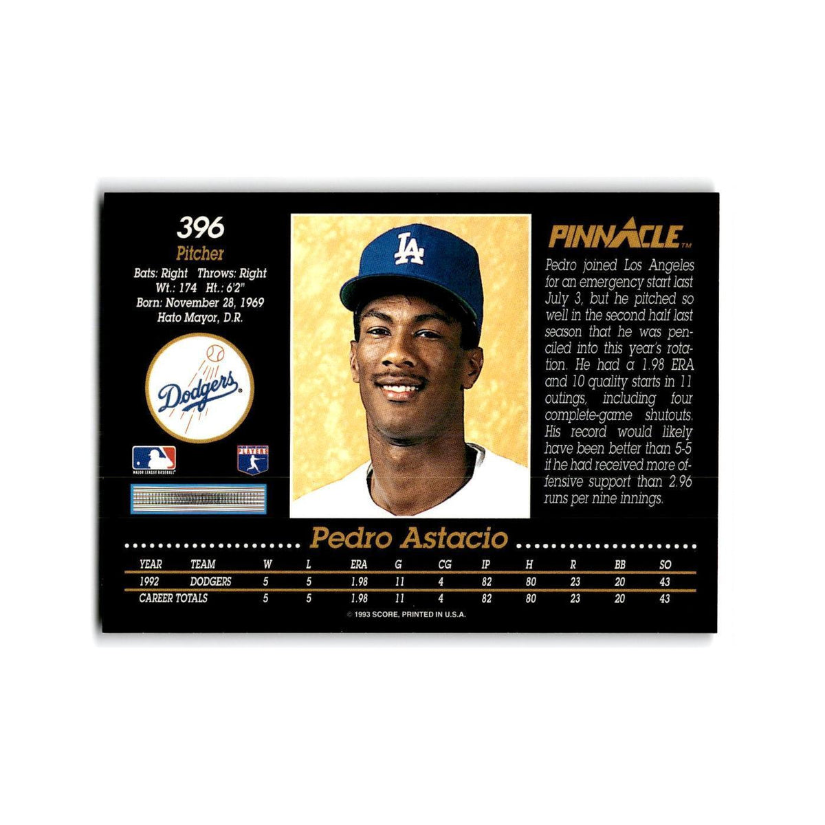 Pedro Astacio 1993 Pinnacle #396 Los Angeles Dodgers Baseball Card NM