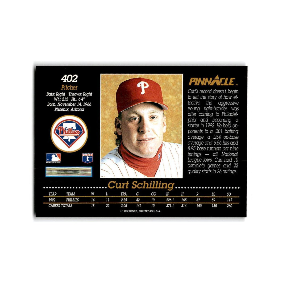 Curt Schilling 1993 Pinnacle #402 Philadelphia Phillies Baseball Card NM