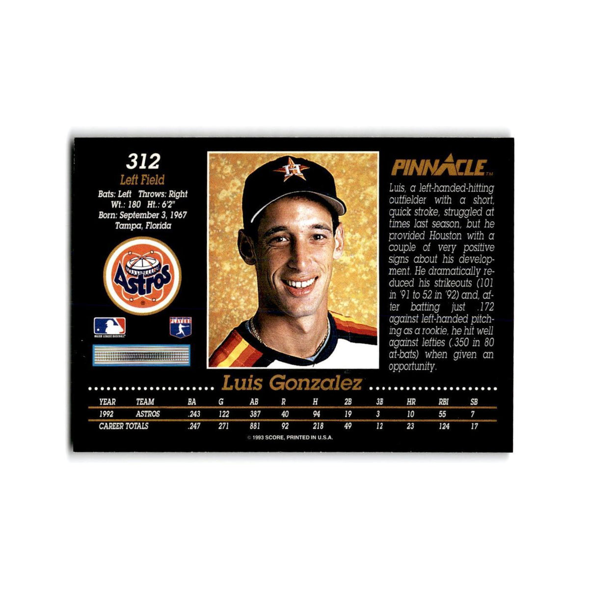 Luis Gonzalez 1993 Pinnacle #312 Houston Astros Baseball Card NM