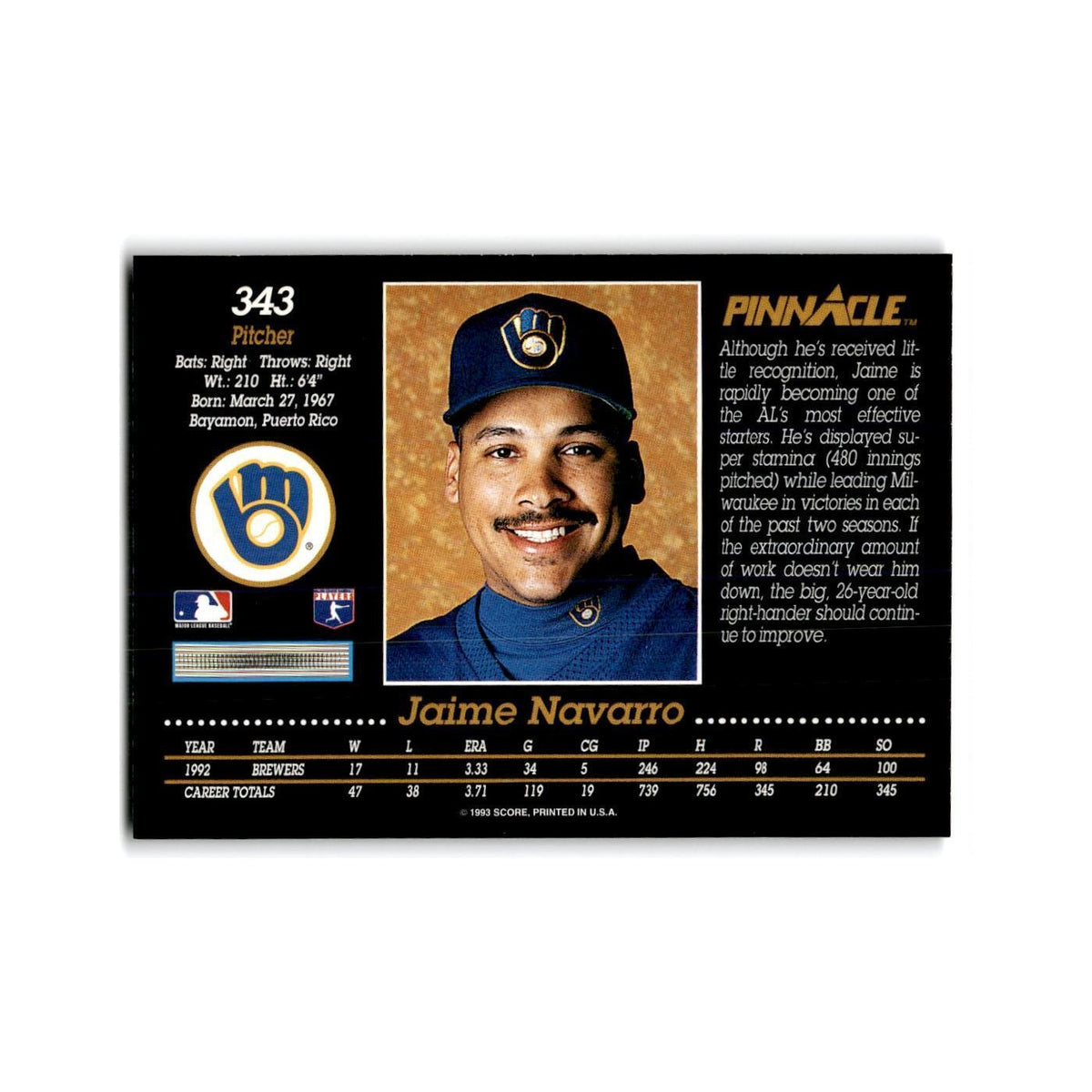 Jaime Navarro 1993 Pinnacle #343 Milwaukee Brewers Baseball Card NM